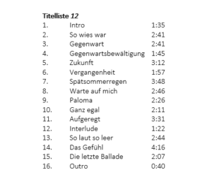 Die Titelliste des Albums "12" von AnnenMayKantereit. 16 Lieder sind aufgelistet, durchnummeriert und mit ihrer jeweiligen Songlänge versehen. 