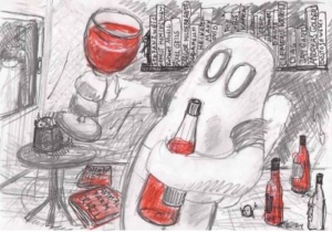 Ausschnitt einer Zeichnung von Blogdown S. 44: Graue Comicfigur mit großen weißen Augen und unförmigem Körper hält gefülltes Weinglas in der rechten Hand und die Weinflasche mit der linken Hand umklammert. Im Hintergrund ein Bücherregal und ein Esstisch.