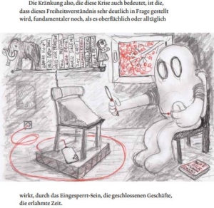 Ausschnitt Zeichnung au Blogdown S. 54: Weiß-raue Comicfigur mit großen Augen sitzt auf einem Stuhl am rechten Bildrand und wendet sich, mit einem Stift in der Hand, einer Staffelei zu. Im Hintergrund ein Regal, mit Büchern und ein Fenster.