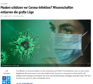 Screenshot des Anonymous News Artikels: "Masken schützen vor Corona-Infektion?" Zu sehen ist eine Frau mit OP-Maske vor grünem HIntergrund. Sie ist etwas in den Hintergrund versetzt, im Vordergrund befindet sich die mikroskopische, stachelige Struktur eines Virenpartikels, ebenfalls in Grün. Darunter beginnt der Artikel.