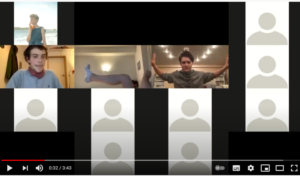 Screenshot aus Video-Projekt zum Thema Zoom des Thalia jung&mehr. Eingefrorener Bildschirm einer Zoom-Konferenz, nur vier Menschen sind auf ihren Bildschirmen zu sehen, die restlichen PAnzeigen haben kein Bild. 
